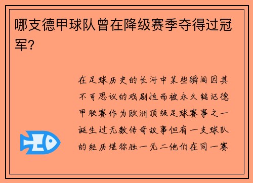 哪支德甲球队曾在降级赛季夺得过冠军？